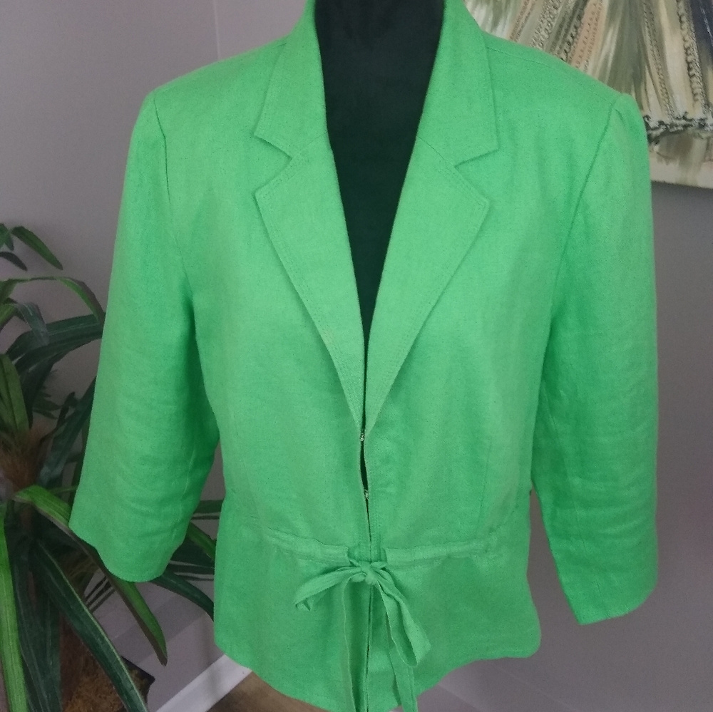 Plus Size M Collection Lime Green Drawstring Linen Jacket - Picture 3 of 16